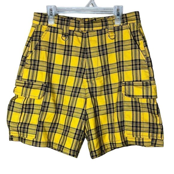 Hot Topic Yellow Plaid Cargo Bermuda Shorts - Picture 1 of 8